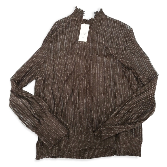 New Semi-Sheer Black Glitter Mockneck Blouse Long Sleeve Top Sheer Turtleneck - Picture 6 of 11